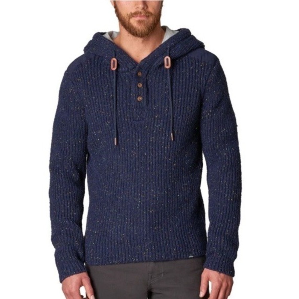 prAna Mens Hooded Henley Sweater Mmedium Lambswool Blend Blue Chunky Knit Toggle